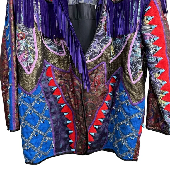 Vintage Judith Roberts Mexico Patchwork Fringe Jacket Beaded Western L/XL - Picture 8 of 16